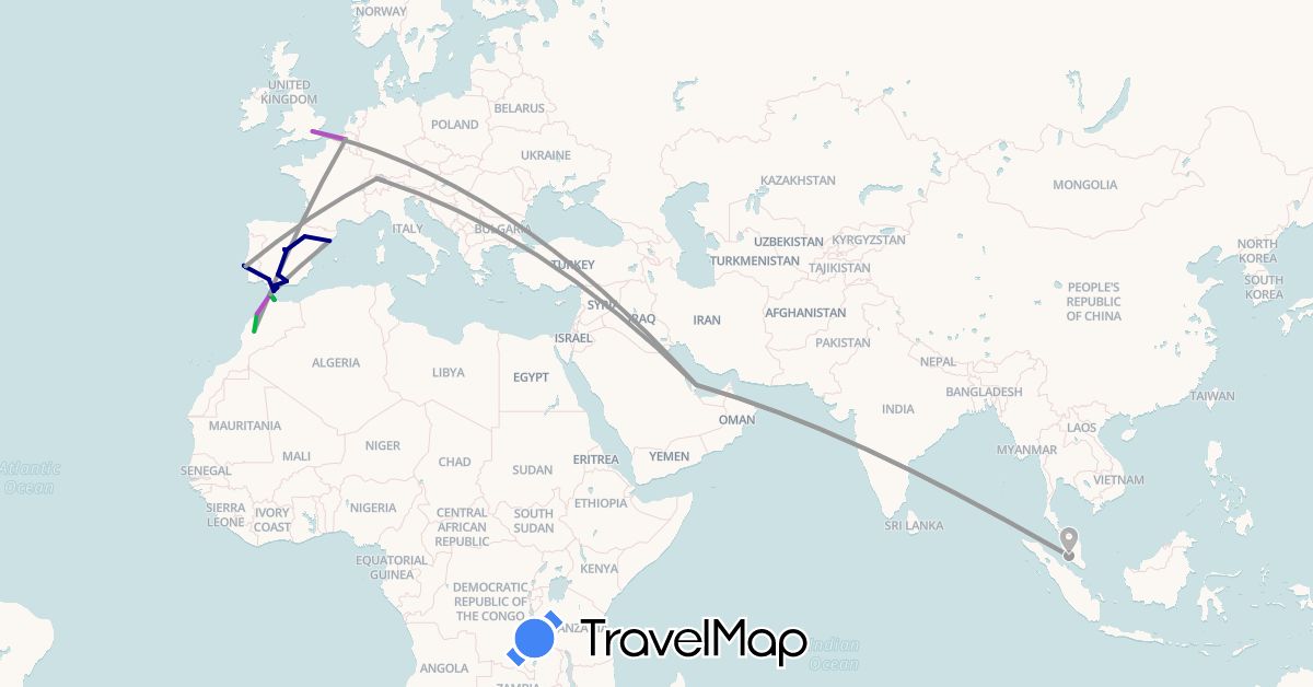 TravelMap itinerary: driving, bus, plane, train in Belgium, Switzerland, Spain, United Kingdom, Gibraltar, Liechtenstein, Morocco, Malaysia, Portugal, Qatar (Africa, Asia, Europe)